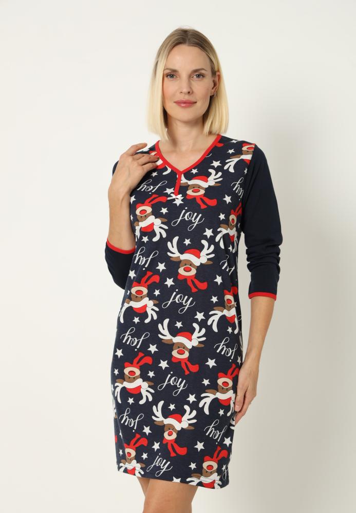 Camasa de noapte Craciun,imprimeu reni,culoare bleumarin ,En-gros